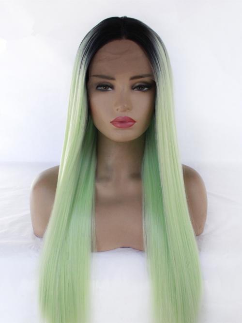Black Root Pastel Tea Green Lace Front Wig 157