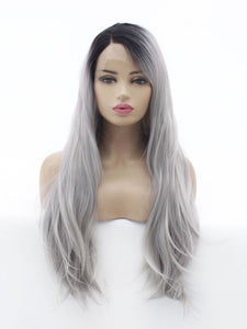 26" Rooted Gray Wavy Lace Front Wig 488