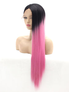 26" Black Root Pink Lace Front Wig 526