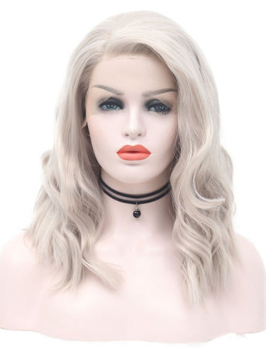 Icy Blonde Light Grey Bob Wavy Lace Front Wig 001