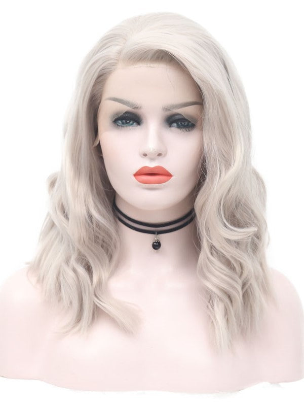 Icy Blonde Light Grey Bob Wavy Lace Front Wig 001