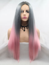 Load image into Gallery viewer, 24“ Rooted Ombre Gray to Pink Lace Front Wig 528