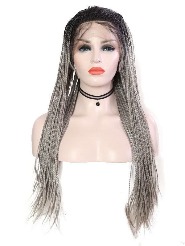 Black Root Grey Braided Lace Front Wig 092