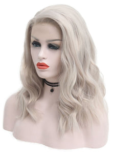 Icy Blonde Light Grey Bob Wavy Lace Front Wig 001