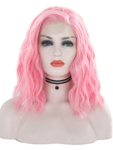 Cherry Blossom Pink Short Wavy Lace Front Wig 060