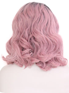 Black Root Pastel Pink Wavy Lace Front Wig 082