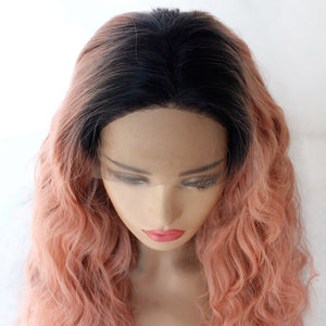 Rooted Sweet Pink Wavy Lace Front Wig 003