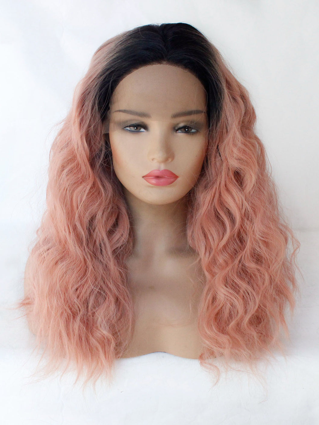 Rooted Sweet Pink Wavy Lace Front Wig 003