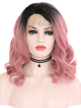 Load image into Gallery viewer, Black Root Pastel Pink Wavy Lace Front Wig 082