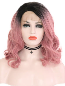 Black Root Pastel Pink Wavy Lace Front Wig 082