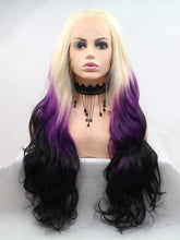 Load image into Gallery viewer, Blonde to Purple to Black Wavy Lace Front Wig 375