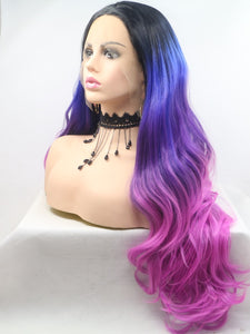 Black Root Smog Blue To Purple Wavy Lace Front Wig 143