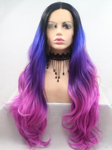 Black Root Smog Blue To Purple Wavy Lace Front Wig 143