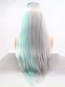 Rooted Half Grey Half Blue Lace Front Wig 140