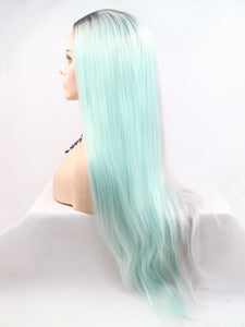 Rooted Half Grey Half Blue Lace Front Wig 140