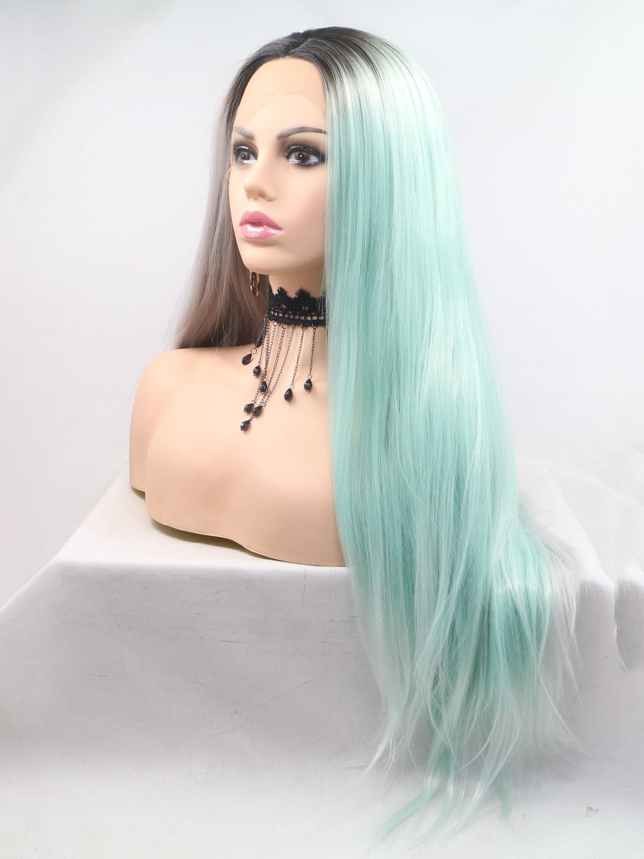 Rooted Half Grey Half Blue Lace Front Wig 140 â€“ Diosawigs
