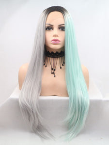 Rooted Half Grey Half Blue Lace Front Wig 140