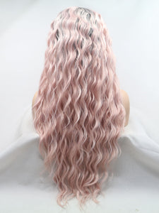 26" Rooted Light Pink Wavy Lace Front Wig 379