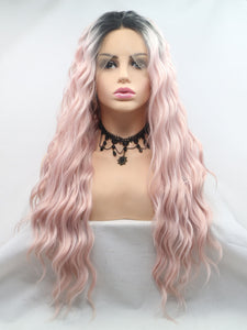 26" Rooted Light Pink Wavy Lace Front Wig 379
