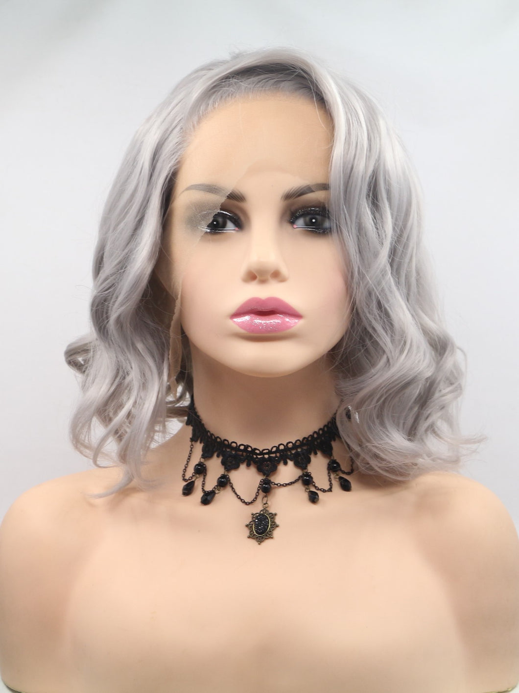 Grey Short Wavy Lace Front Wig 361