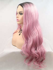 Black Root Sweet Pink Wavy Middle Lace Wig 194