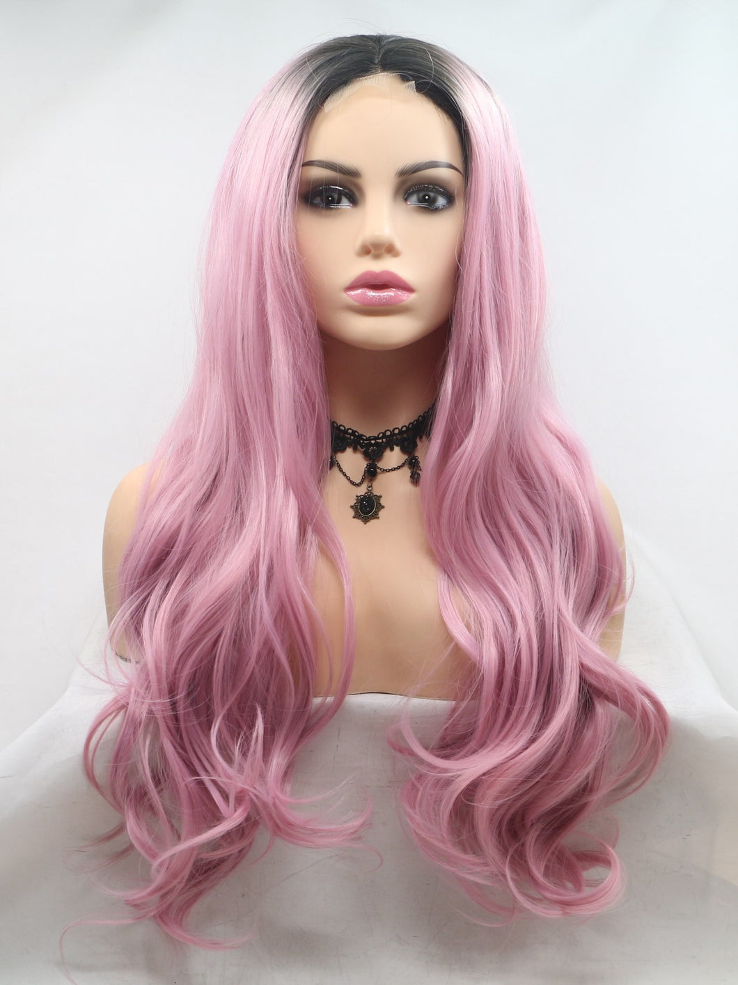 Black Root Sweet Pink Wavy Middle Lace Wig 194