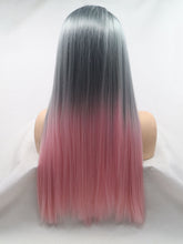 Load image into Gallery viewer, 24“ Rooted Ombre Gray to Pink Lace Front Wig 528