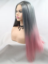 Load image into Gallery viewer, 24“ Rooted Ombre Gray to Pink Lace Front Wig 528