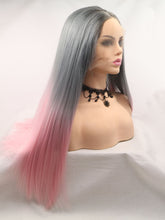 Load image into Gallery viewer, 24“ Rooted Ombre Gray to Pink Lace Front Wig 528