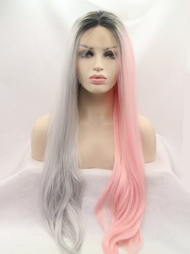 Black Root Half Pink Half Blue Lace Front Wig 378