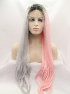 Black Root Half Pink Half Blue Lace Front Wig 378