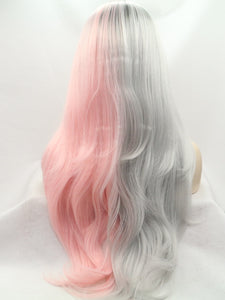 Black Root Half Pink Half Blue Lace Front Wig 378