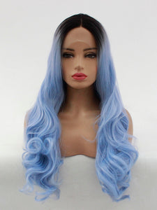 24" Rooted Baby Blue Wavy Lace Front Wig 508