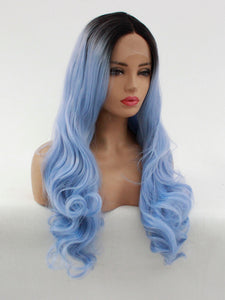 24" Rooted Baby Blue Wavy Lace Front Wig 508
