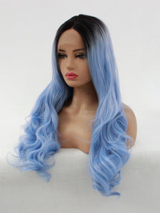 24" Rooted Baby Blue Wavy Lace Front Wig 508