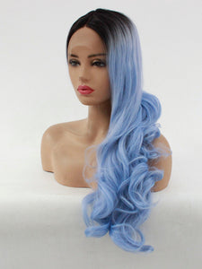 24" Rooted Baby Blue Wavy Lace Front Wig 508