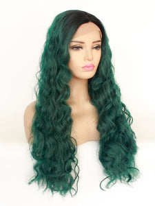 26" Rooted Dartk Green Wavy Lace Front Wig 492