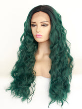 Load image into Gallery viewer, 26&quot; Rooted Dartk Green Wavy Lace Front Wig 492
